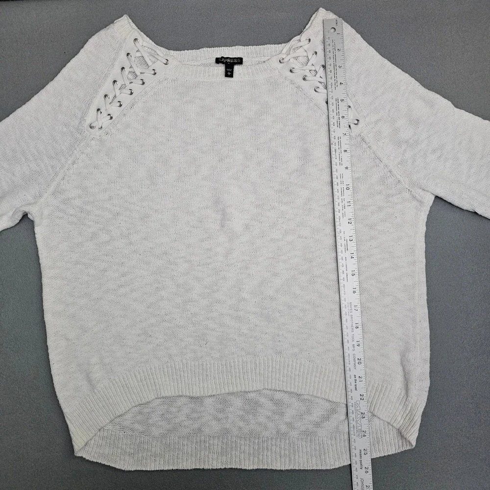Express Sweater L Womens White Lace Up Shoulder Cotton Knit Cottagecore Coastal